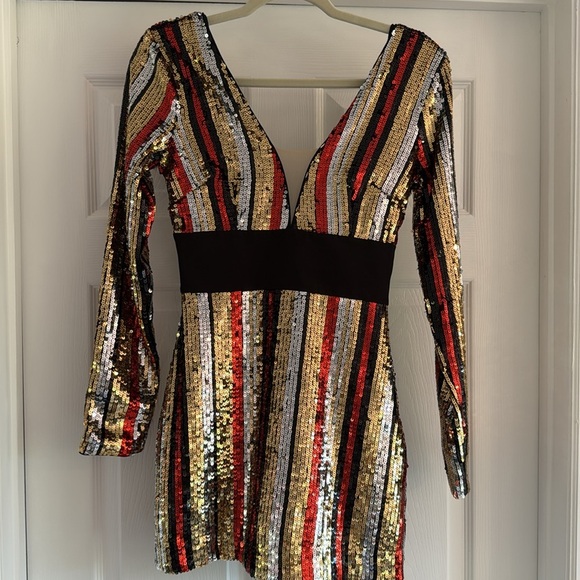 NWT NBD Revolve Star Treatment Long Sleeve Mini Dress Gold Silver Sequin XS - Picture 4 of 8